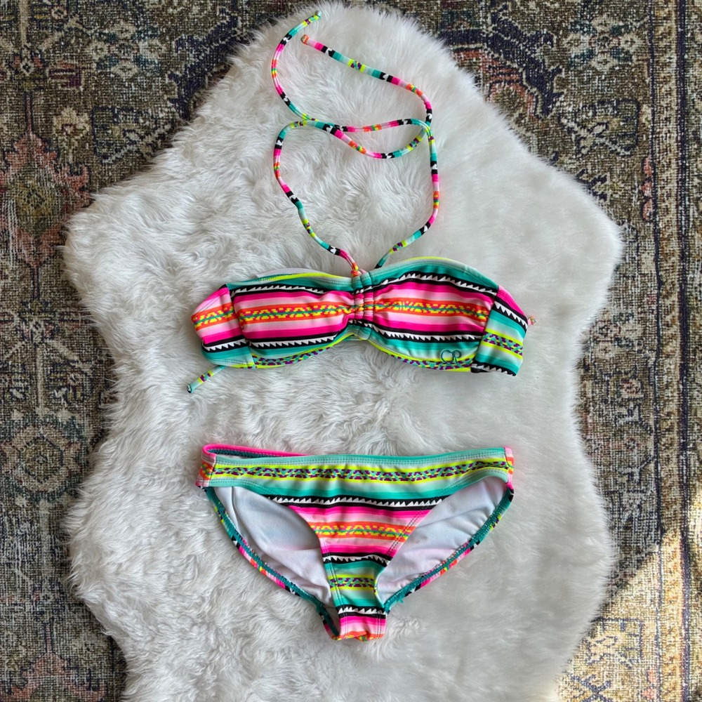 Vintage OP Ocean Pacific Bikini Set 2PC Small 3-5 Neon Multicolor Y2K 90s Stripe